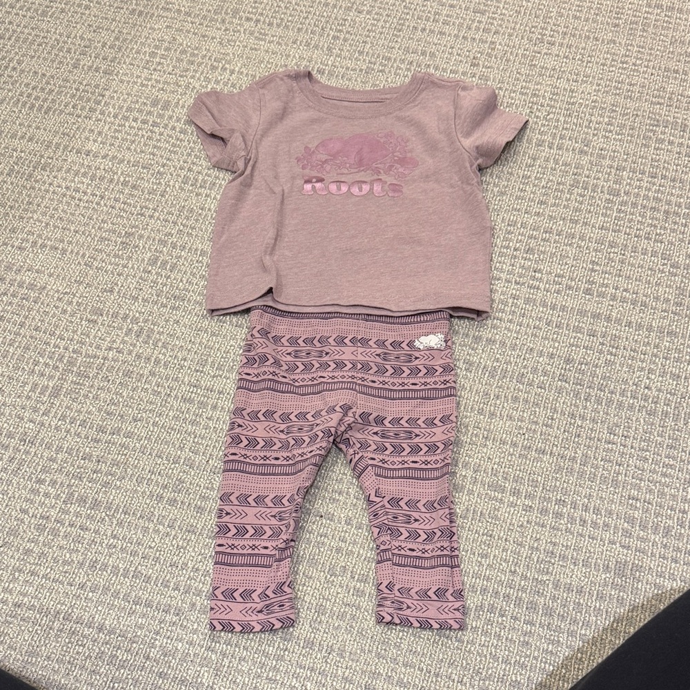 Roots Purple Graphic Tee with Mettalic logo and Matching Patterned Leggings Set